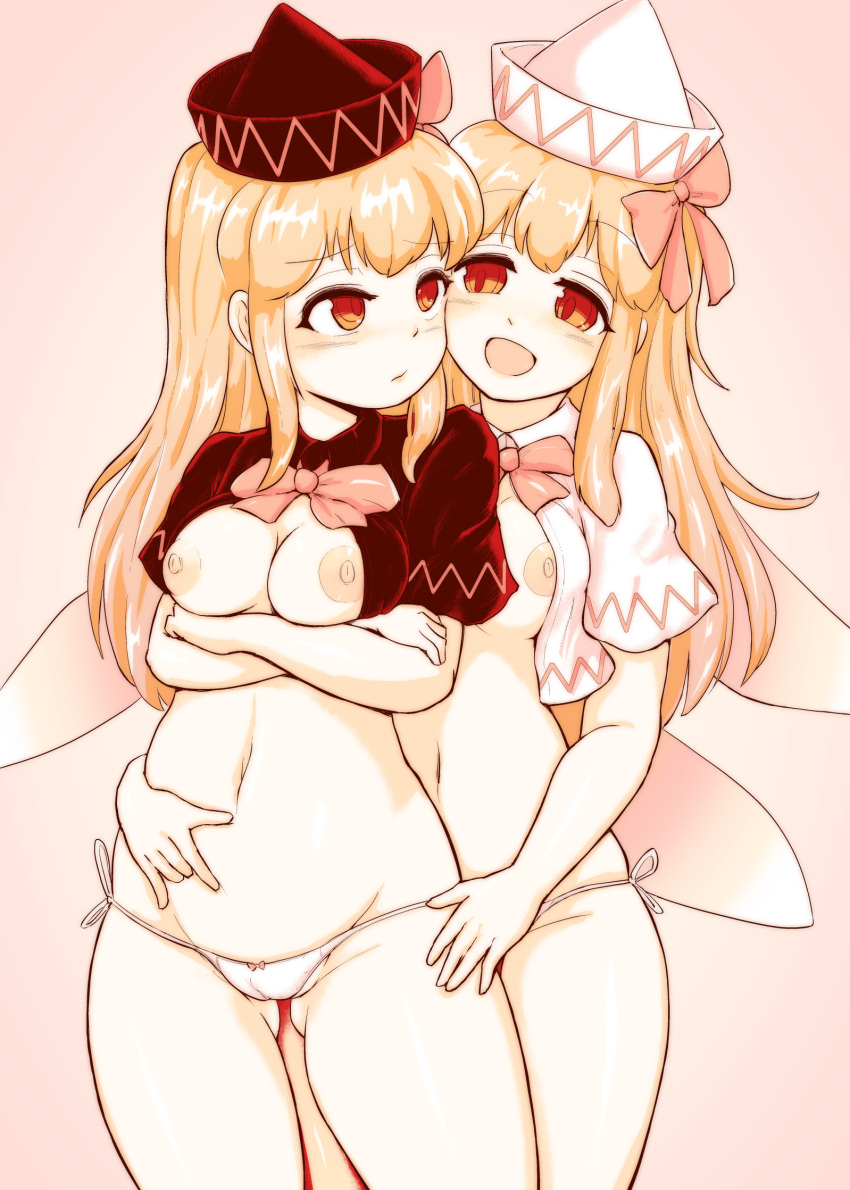 2girls :/ :d arms_under_breasts ass_visible_through_thighs bangs behind_another black_capelet black_headwear blonde_hair blush bow bowtie breasts cameltoe capelet closed_mouth contrapposto cowboy_shot crossed_arms eyebrows_visible_through_hair fairy_wings furrowed_eyebrows gradient gradient_background hair_bow hat highres kaabon_meshi lily_black lily_white long_hair looking_at_another medium_breasts multiple_girls navel nipples open_mouth panties pink_background pink_bow pink_neckwear red_eyes side-tie_panties smile standing touhou underwear white_capelet white_headwear white_panties wings yuri