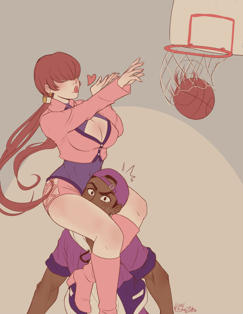 1boy 1girl absurdres baseball_cap basketball breasts cleavage dark_skin dark_skinned_male hair_over_eyes hat heart highres kaibuzetta lucky_glauber red_hair shermie_(kof) the_king_of_fighters twintails