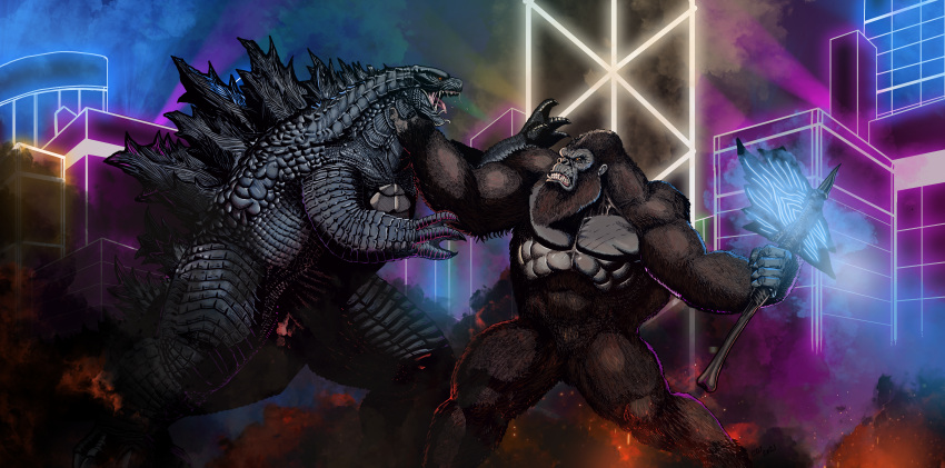 absurd_res ape axe black_body bodily_fluids building christianwillett claws duo fight godzilla godzilla_(series) gorilla haplorhine hi_res huge_filesize kaiju king_kong male mammal melee_weapon muscular muscular_male open_mouth primate saliva sharp_teeth teeth toho weapon