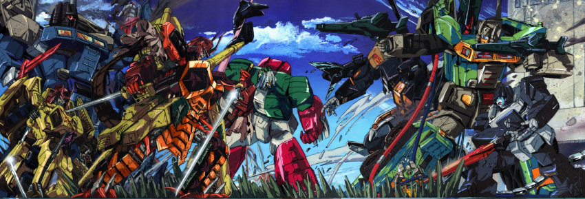 1980s_(style) armor armored_vehicle autobot battle bludgeon blue_eyes cerebros cloud crocodile crocodilian decepticon dual_wielding grass ground_vehicle gun hardhead highres holding incoming_attack japanese_armor katana marble-v master_sword_(transformers) multiple_boys one-eyed onslaught red_eyes retro_artstyle samurai skeleton skull skull-cruncher sword tomahawk_(transformers) transformers weapon