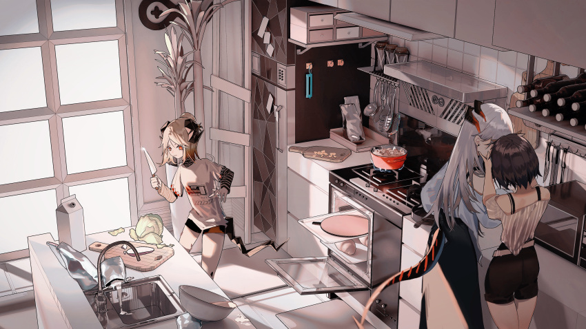 3girls absurdres arknights baking baking_sheet bare_legs beige_shirt belt blonde_hair blouse bottle bra_strap bread brown_hair cookie_(ppyf5328) cooking cupboard cutlery cutting_board demon_horns demon_tail dragon_girl dragon_horns dragon_tail earrings food from_above hair_bun high-waist_skirt highres horns ifrit_(arknights) indoors jewelry jug kiss kitchen kitchen_knife lettuce long_hair microwave mixing_bowl multicolored_hair multiple_girls orange_eyes oripathy_lesion_(arknights) oven pot refrigerator rhine_lab_logo saria_(arknights) shadow short_hair short_shorts shorts silence_(arknights) silver_hair sink skirt spiked_tail stove striped_blouse tail tail_through_clothes tile_wall tiles two-tone_hair white_blouse window yuri