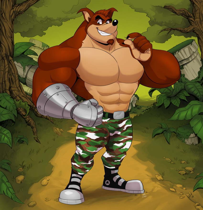 abs absurd_res activision anthro bandicoot belt biceps bottomwear clothed clothing crash_bandicoot_(series) crunch_bandicoot digital_media_(artwork) facial_hair fur hi_res male mammal marsupial muscular muscular_anthro muscular_male polartoons simple_background solo thebluebear27 video_games