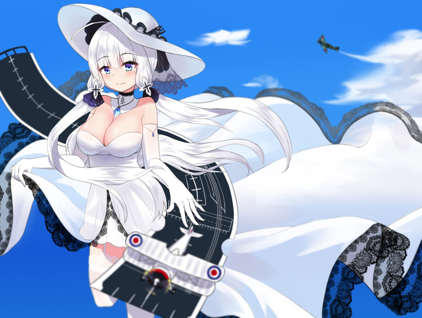 1girl aircraft airplane azur_lane bare_shoulders biplane blue_eyes blue_sky breasts cleavage detached_collar dress elbow_gloves eyebrows_visible_through_hair flight_deck flying garter_straps gloves hair_ornament hat highres illustrious_(azur_lane) irato_at lace-trimmed_dress lace-trimmed_headwear lace_trim large_breasts long_dress long_hair looking_at_viewer mole mole_under_eye sapphire_(gemstone) see-through_dress skirt_hold sky sleeveless sleeveless_dress solo strapless strapless_dress sun_hat thighhighs tri_tails white_dress white_gloves white_hair white_headwear white_legwear