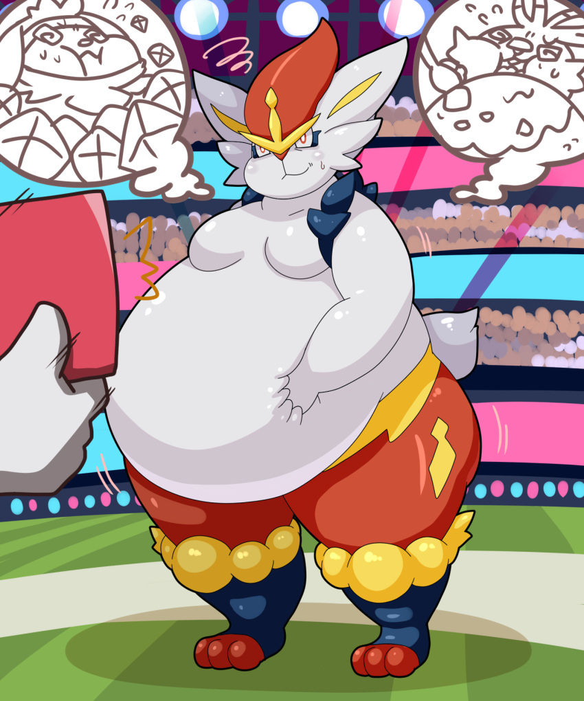 ambiguous_gender belly cinderace colored detailed_background dlrowdog frustrated fur hi_res male_(lore) moobs nintendo orange_body orange_fur overweight pok&eacute;mon pok&eacute;mon_(species) raboot red_card scorbunny solo stadium video_games white_body white_fur