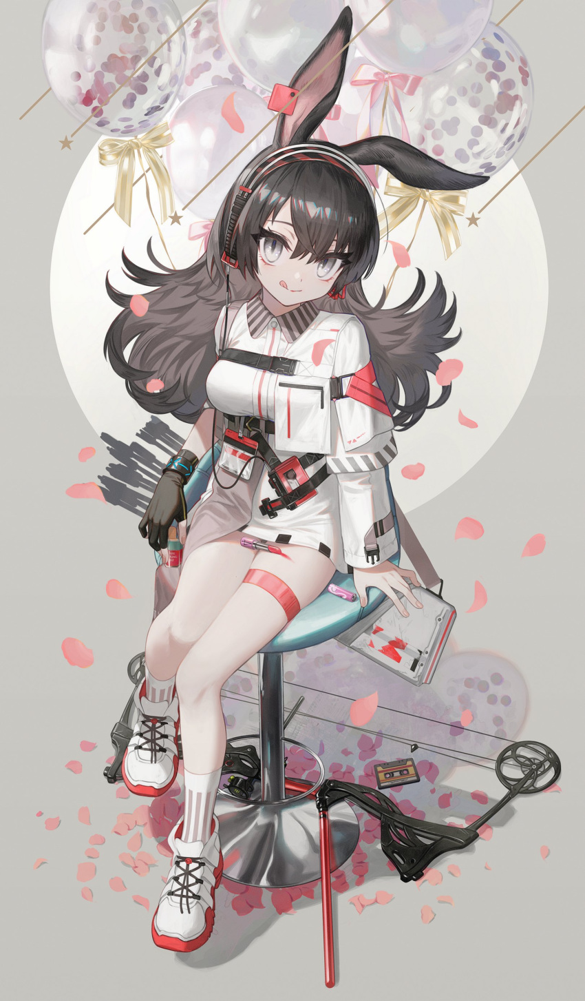 1girl :q absurdres animal_ears april_(arknights) arknights asymmetrical_sleeves balloon bangs bar_stool black_gloves black_hair bow_(weapon) bunny_ears cassette_tape collared_dress compound_bow cosmetics dress fingerless_gloves gloves grey_eyes hairband highres ji_mag_(artist) lipstick_tube long_hair long_sleeves looking_at_viewer mixed-language_commentary petals rabbit_girl shoes single_fingerless_glove sitting sneakers solo stool thigh_strap tongue tongue_out weapon white_dress white_footwear white_legwear wristband