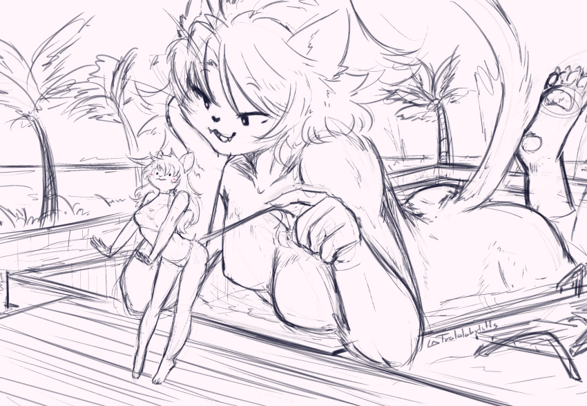 2021 anthro breasts domestic_cat duo felid feline felis female hair hi_res macro mammal nipples outside palm_tree pawpads plant rodent size_difference sketch smile surprise swimming_pool tail_pull tree trololohstuffs