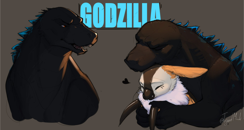 &lt;3 2021 anthro arthropod black_body digital_media_(artwork) english_text eyes_closed godzilla godzilla_(series) hi_res hug insect kaiju lepidopteran moth mothra mothra_(series) sharp_teeth simple_background teeth text togaed toho