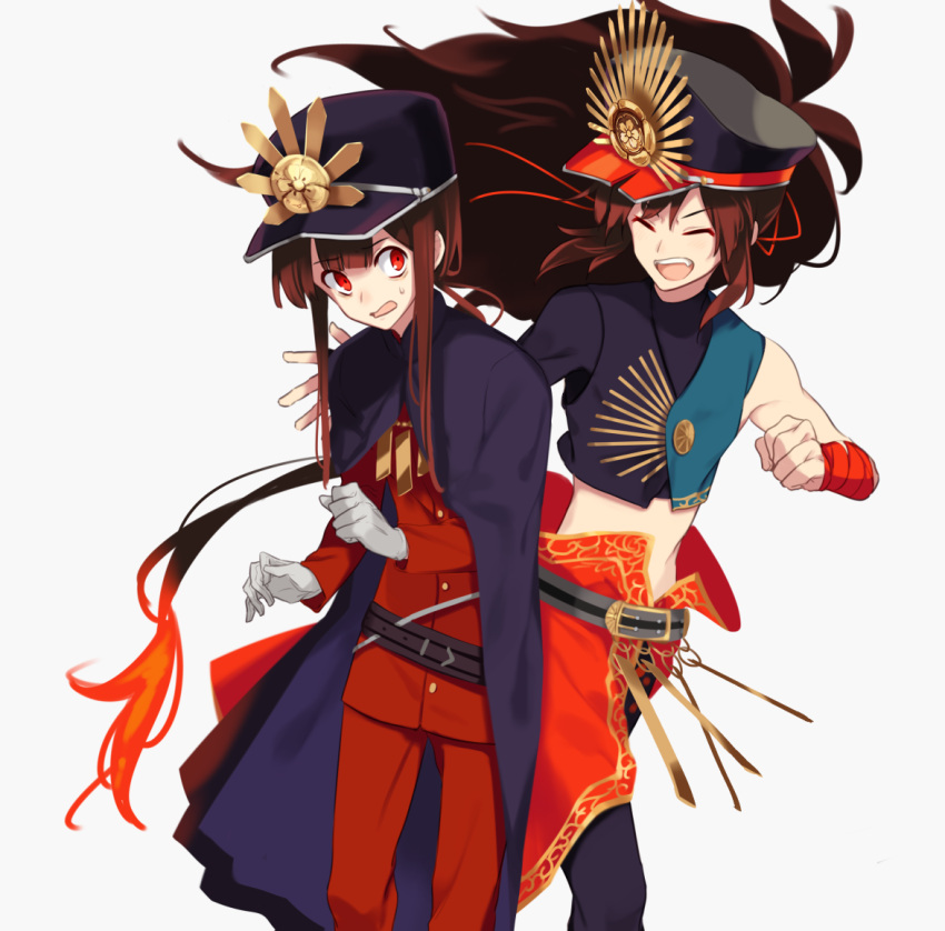 2boys bangs belt black_cape black_hair black_headwear black_pants buttons cape closed_eyes crop_top family_crest fate/grand_order fate_(series) fiery_hair gloves hair_over_one_eye hat jacket jewelry kodamari koha-ace long_hair long_sleeves looking_to_the_side midriff multiple_boys necklace oda_kippoushi_(fate) oda_nobukatsu_(fate) oda_nobunaga_(fate)_(all) oda_uri open_mouth pants peaked_cap ponytail red_cape red_eyes red_jacket red_pants sidelocks single_sleeve smile very_long_hair waist_cape