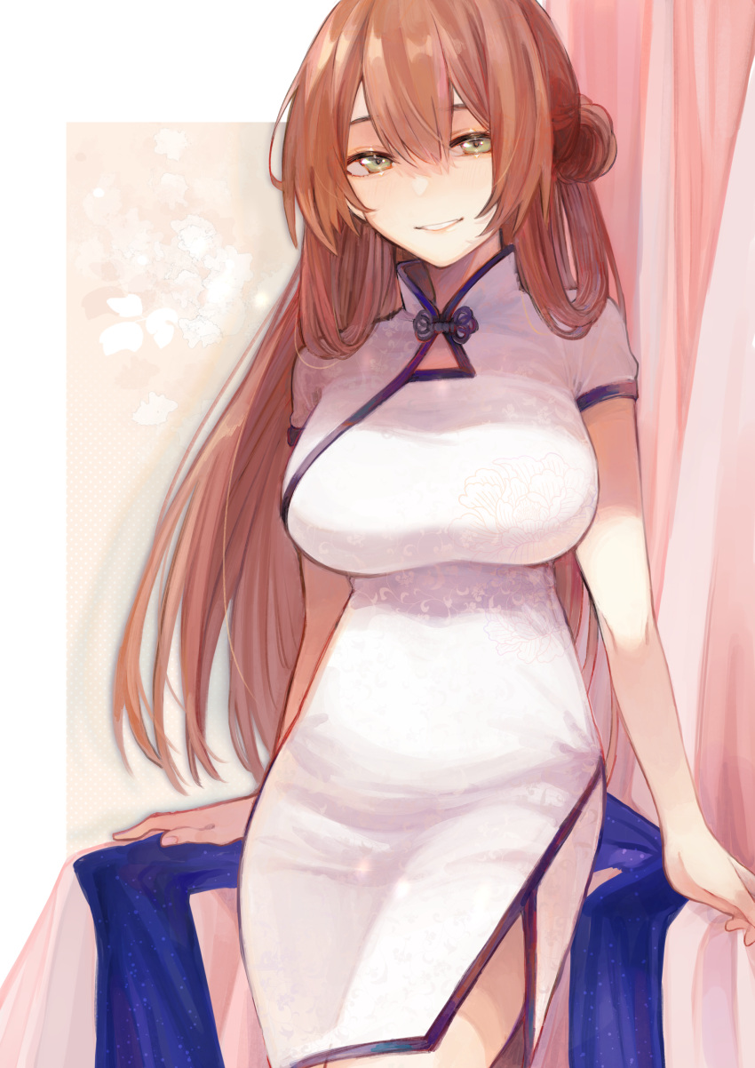 1girl aaoshigatoutoi absurdres breasts brown_hair china_dress chinese_clothes cowboy_shot dress girls_frontline green_eyes grin hair_between_eyes highres large_breasts long_hair looking_at_viewer m1903_springfield_(girls_frontline) short_sleeves smile solo white_dress