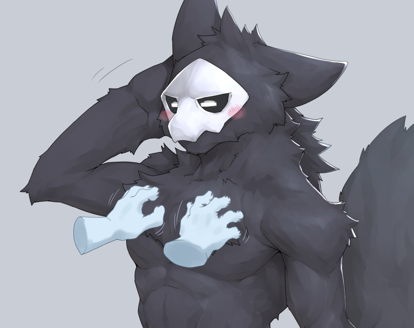 2021 5_fingers abs anthro black_body black_fur black_sclera blush canid canine canis captainjohkid changed_(video_game) chest_tuft disembodied_hand eyes_closed fingers fur grey_background hi_res male mammal mask muscular muscular_anthro muscular_male pecs petting puro_(changed) simple_background touching_chest tuft white_eyes wolf