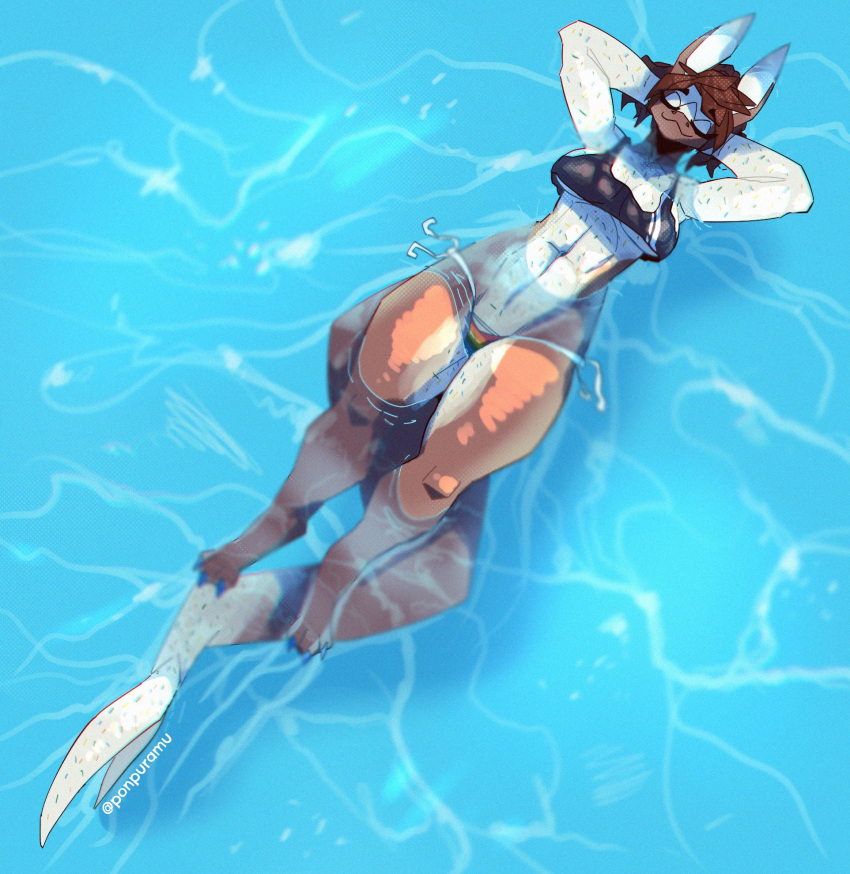 2021 3_toes anthro bikini bikini_bottom bird's-eye_view breasts brown_body brown_hair claws cleavage clothed clothing countershade_arms countershade_legs countershade_tail countershade_torso countershading crop_top eyelashes eyes_closed feet female fin fish hair hands_behind_head hi_res high-angle_view lying marine midriff muscular muscular_female navel on_back partially_submerged ponpuramu shark shirt smile solo swimming swimwear tail_fin thick_thighs toe_claws toes topwear under_boob water