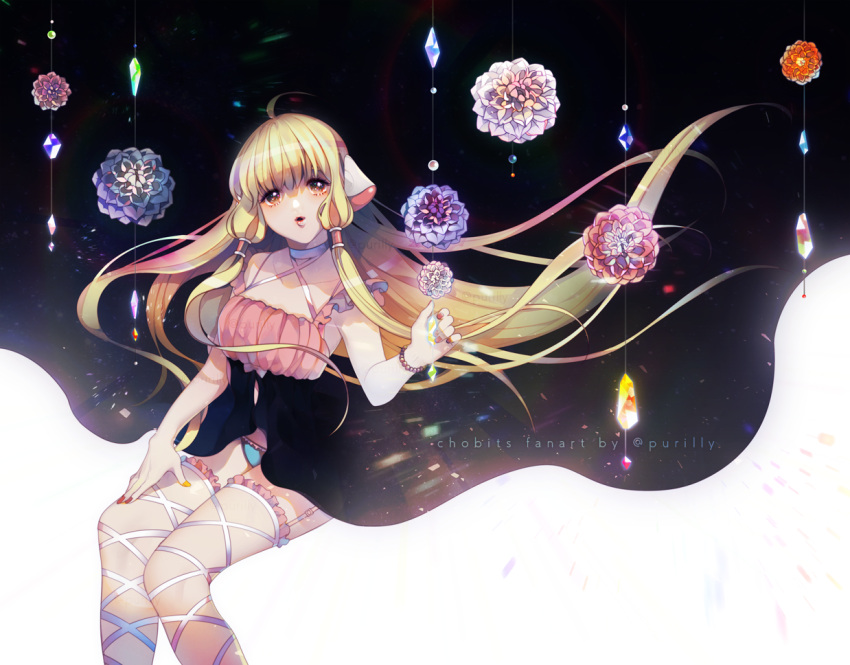 1girl ahoge artist_name blonde_hair bracelet brown_eyes chii chobits copyright_name cross-laced_clothes floating_hair flower frills gem hair_tubes jewelry lips long_hair looking_up nail_polish pearl_bracelet purii reflection robot_ears sidelocks sitting solo sparkle thighhighs very_long_hair watermark zettai_ryouiki