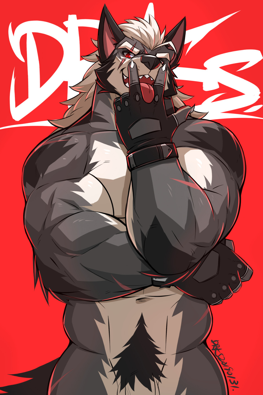 abs absurd_res anthro biceps big_muscles canid canine canis claws clothing drks fur genitals gloved_hands gloves hair handwear hi_res male mammal muscular muscular_anthro muscular_male nude penis pubes solo tongue tongue_out white_hair wolf