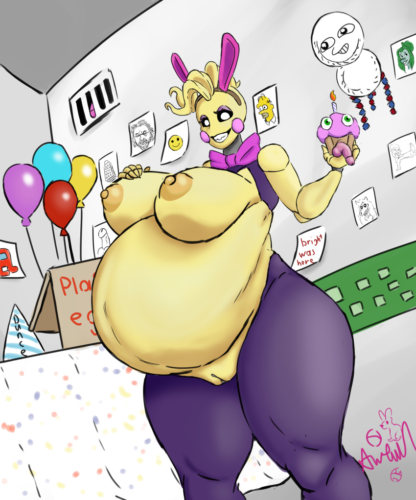 absurd_res animatronic avian awful_lad balloon belly big_belly big_breasts bird bow_tie breasts chicken cupcake_(fnaf) easter egg_bulge egg_inflation exposed_breasts female five_nights_at_freddy's five_nights_at_freddy's_2 galliform gallus_(genus) genitals hi_res holidays huge_breasts humanoid hyper hyper_belly machine penis phasianid pink_penis pussy reverse_bunny_costume robot solo thick_thighs toy_chica_(fnaf) video_games wide_hips yellow_body