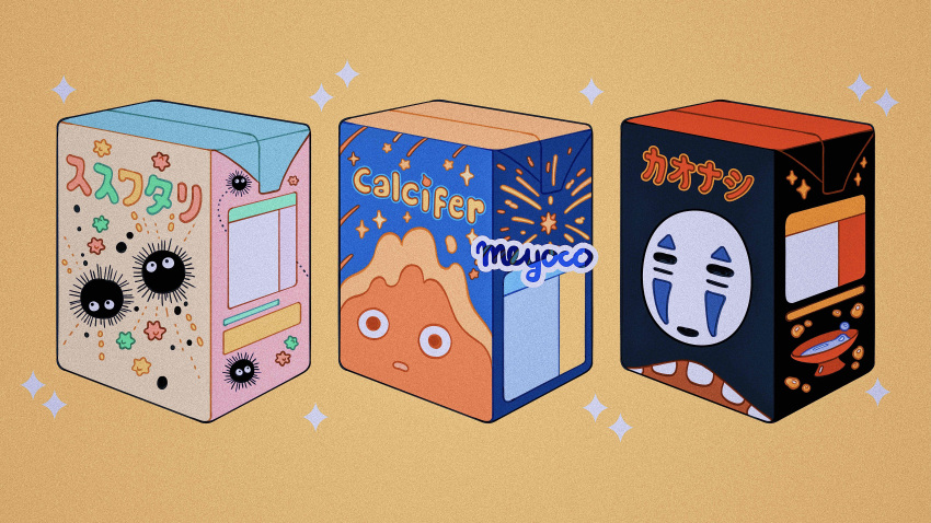 absurdres artist_name calcifer character_name english_commentary fire highres howl_no_ugoku_shiro juice_box kaonashi meyoco no_humans sen_to_chihiro_no_kamikakushi simple_background sparkle studio_ghibli susuwatari yellow_background