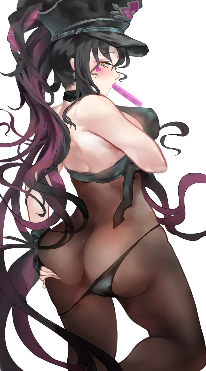 1girl absurdres armband ass ass_support baton black_gloves black_hair black_legwear black_panties blush bodystocking breasts fate/grand_order fate_(series) fingerless_gloves gloves hat highres large_breasts licking licking_lips lips liuli_yuanxiaoniao long_hair looking_back multicolored_hair necktie panties pantyhose pink_hair police police_hat police_uniform policewoman sesshouin_kiara sesshouin_kiara_(swimsuit_mooncancer)_(fate) sideboob thighs thong tongue tongue_out torn_clothes torn_legwear traffic_baton underwear uniform white_background yellow_eyes