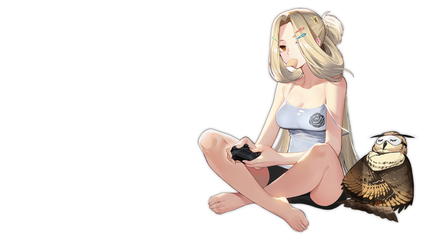 1girl azur_lane bare_shoulders bird black_shorts blonde_hair breasts brown_eyes bunker_hill_(azur_lane) bunker_hill_(mission_relaxation)_(azur_lane) camisole chick chips cleavage collarbone controller food food_in_mouth game_controller hair_ornament hair_over_one_eye hairclip holding holding_controller kexue long_hair looking_at_viewer manjuu_(azur_lane) medium_breasts mouth_hold official_alternate_costume official_art open_mouth playing_games potato_chips shorts sitting spaghetti_strap strap_slip transparent_background very_long_hair
