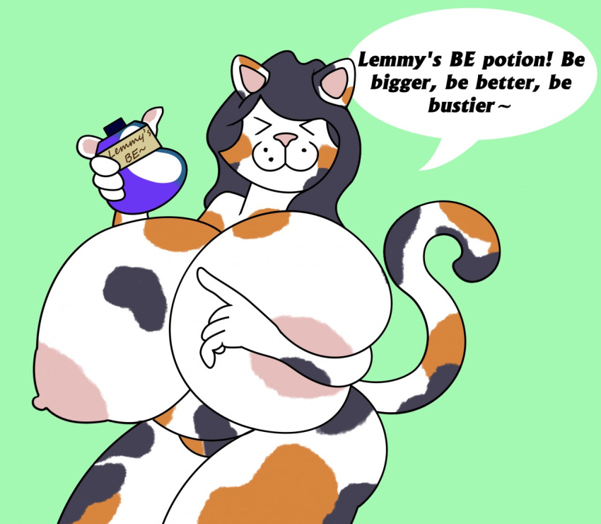 anonymous_artist anthro areola belly big_breasts breast_expansion breasts butt calico_cat domestic_cat expansion felid feline felis female fur growth hair harla huge_breasts hyper hyper_breasts looking_at_viewer mammal mottled nipples nude overweight piebald pose potion simple_background smile solo thick_thighs