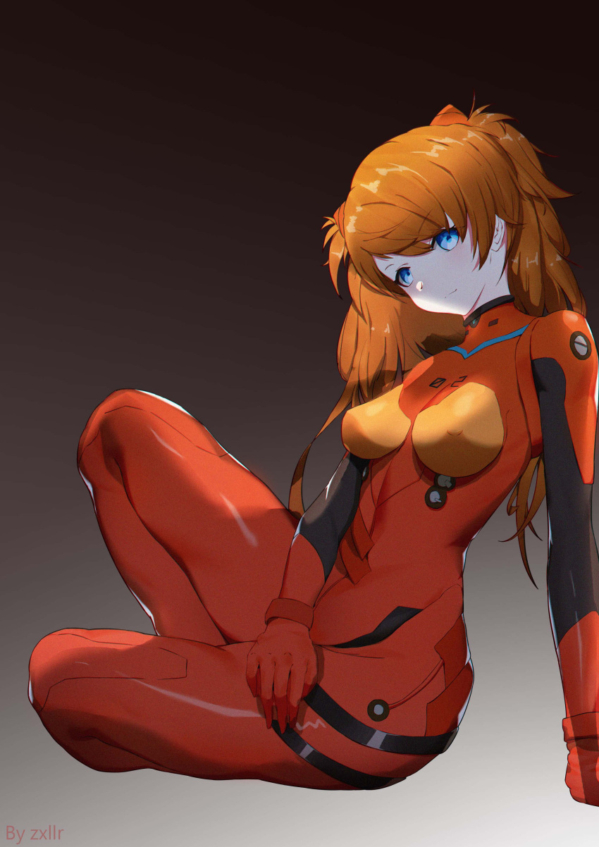 1girl absurdres arm_support artist_name bangs blue_eyes bodysuit breasts clothes_writing covered_nipples evangelion:_2.0_you_can_(not)_advance eyebrows_visible_through_hair gloves gradient gradient_background highres interface_headset light_smile long_hair looking_at_viewer medium_breasts multicolored multicolored_bodysuit multicolored_clothes neon_genesis_evangelion orange_bodysuit orange_hair pilot_suit plugsuit rebuild_of_evangelion red_bodysuit red_gloves shikinami_asuka_langley sitting solo souryuu_asuka_langley swept_bangs thighs two_side_up zxllr