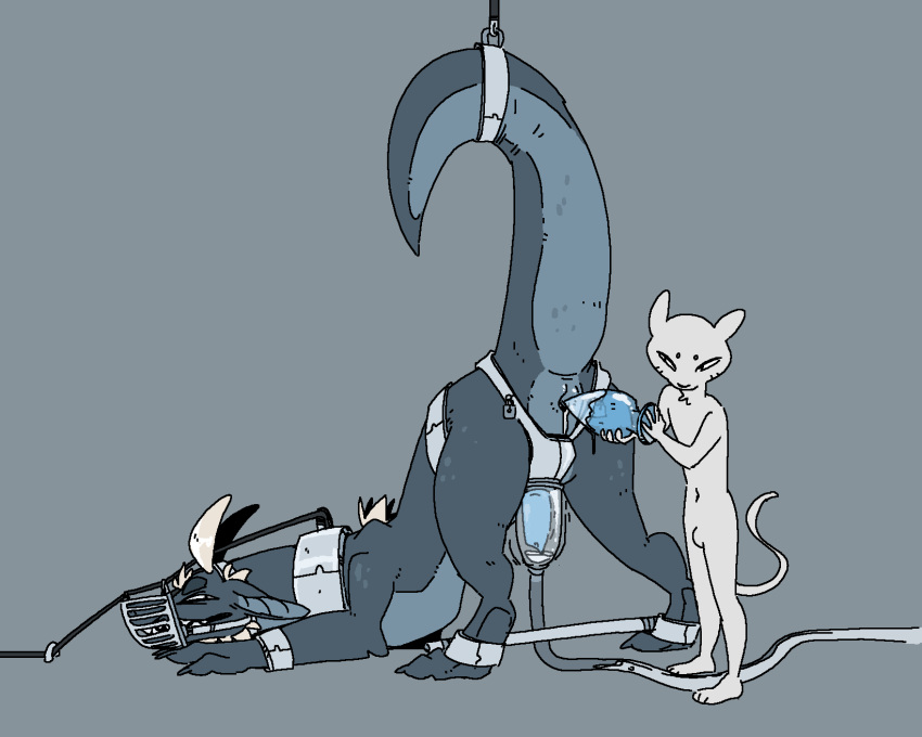 anthro anthro_on_feral bdsm bestiality bondage bound buttplug collar dragon duo feral genitals hi_res machine male mightdivine milking_machine muzzle_(object) penile penis penis_milking sex_toy spreader_bar tail_bondage
