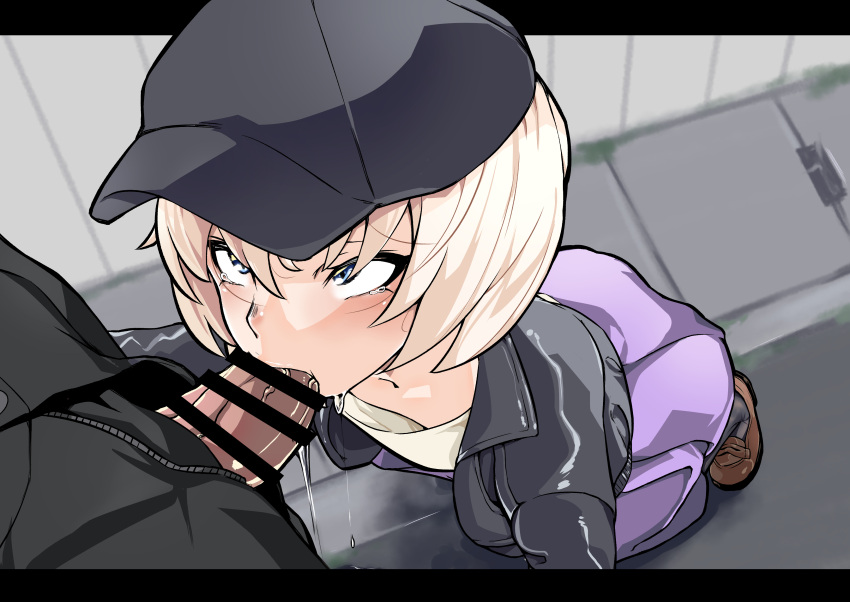 2boys absurdres bangs bar_censor baseball_cap blonde_hair blue_eyes brown_footwear censored cum cum_in_mouth cumdrip fellatio from_above gakeppuchi_no_kaede hair_between_eyes hat highres homare_nao jacket leather leather_jacket letterboxed loafers male_focus multiple_boys open_clothes open_jacket oral otoko_no_ko penis shirt shoes short_hair solo_focus squatting taimanin_(series) tearing_up unzipped veins veiny_penis white_shirt yaoi