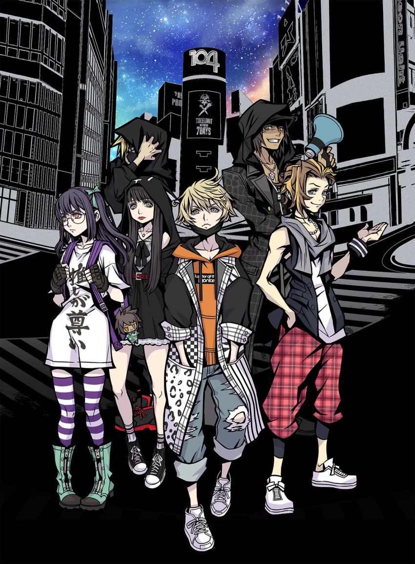 building city fret_(ntwewy) glasses highres hood hood_up hoodie jacket looking_at_viewer mask matsunae_tsugumi megaphone minamimoto_shou mouth_mask nagi_(ntwewy) nomura_tetsuya official_art pants rindo_(ntwewy) sakuraba_neku scarf shibuya_(tokyo) shin_subarashiki_kono_sekai sky smile square_enix standing star_(sky) starry_sky striped striped_legwear subarashiki_kono_sekai torn_clothes torn_pants