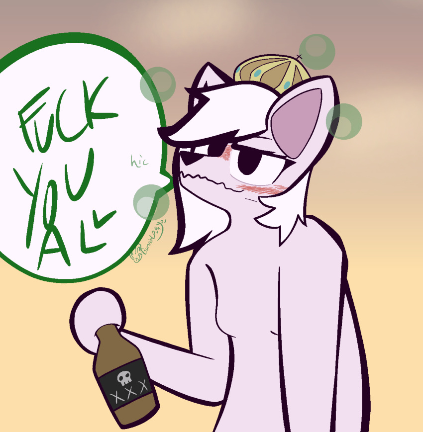 abbie alcohol anthro beverage blush bone bottle bunnielovesyou canid canine canis conditional_dnp crown drunk drunk_bubbles english_text female feral fur hair hi_res mammal pink_body pink_fur signature simple_background skull solo substance_intoxication text white_hair wolf