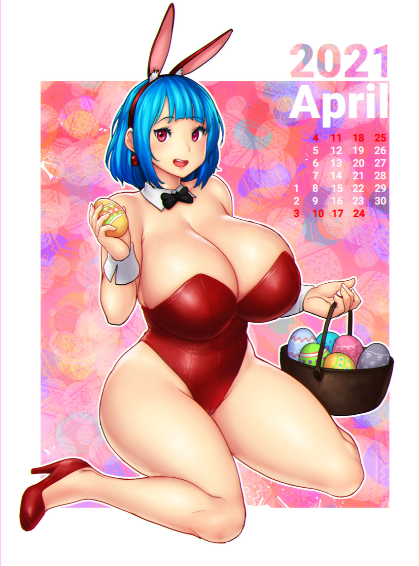 1girl animal_ears april bangs basket black_bow blue_hair blunt_bangs border bow breasts bunny_ears cleavage curvy detached_collar earrings easter_egg egg erkaz hairband high_heels highres holding holding_egg huge_breasts jewelry leotard open_mouth original red_eyes red_footwear red_leotard rina_atherina sitting thighs white_border white_hairband wrist_cuffs