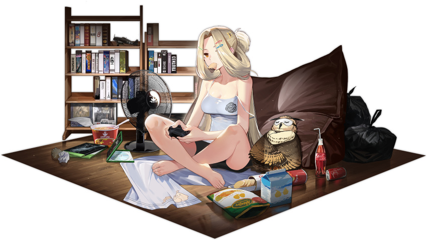 1girl azur_lane bag_of_chips bare_shoulders bird black_shorts blonde_hair breasts brown_eyes bunker_hill_(azur_lane) bunker_hill_(mission_relaxation)_(azur_lane) camisole carton chick chips cleavage cola collarbone controller cup_noodle cup_ramen drooling fan food food_in_mouth game_controller hair_ornament hair_over_one_eye hairclip highres holding holding_controller instant_ramen kexue long_hair looking_at_viewer manjuu_(azur_lane) medium_breasts mouth_hold official_alternate_costume official_art open_mouth playing_games potato_chips shelf shorts sitting sleep_mask soda_bottle spaghetti_strap strap_slip transparent_background very_long_hair