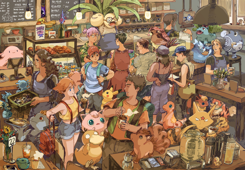 apron ash_ketchum backpack bag banana brock_(pokemon) bryce_kho cellphone chansey character_print character_tattoo charmander coffee coffee_cup coffee_mug coffee_shop cup denim denim_shorts disposable_cup dratini exeggutor fire flareon flower_pot food fruit gastly gen_1_pokemon glasses gloom growlithe handbag hat highres horsea iphone ivysaur jar jigglypuff kadabra machop magikarp magnemite misty_(pokemon) mug oddish original pants phone picture_frame pidgeotto pikachu poke_ball pokemon pokemon_(anime) pokemon_sm_(anime) poliwhirl psyduck seadra shirt shorts sign slowbro smartphone spearow spoon star_(symbol) steam stool striped striped_shirt table tagme tattoo venusaur vest vileplume vulpix weedle weepinbell