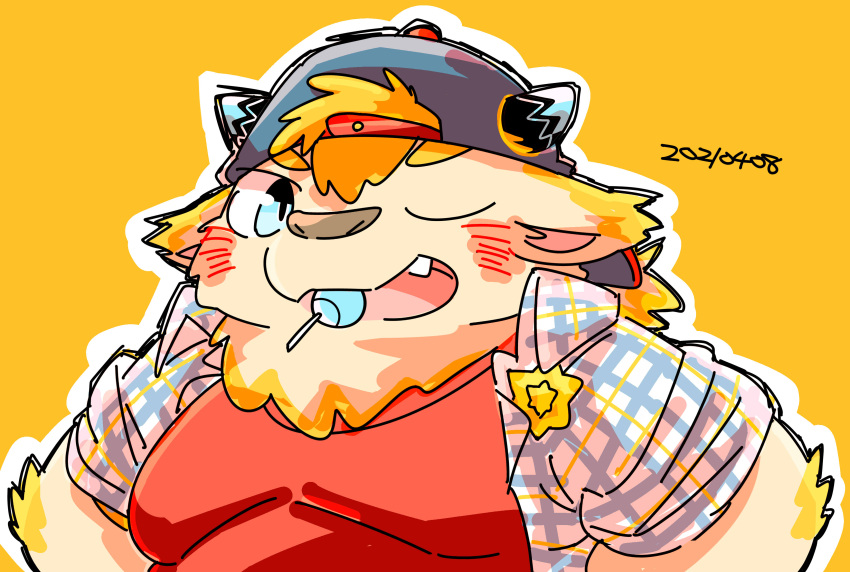 2021 absurd_res anthro babe_bunyan blush bovid bovine cattle clothing hat headgear headwear hi_res horn kazumi88888 male mammal one_eye_closed overweight overweight_male shirt simple_background solo tokyo_afterschool_summoners topwear video_games wink yellow_background