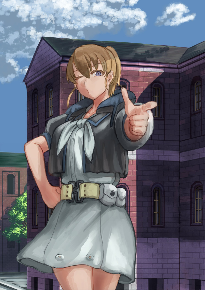 1girl bangs black_shirt blue_eyes breasts brown_hair building cloud commentary_request cowboy_shot day eyebrows_visible_through_hair finger_gun grey_neckwear hand_on_hip highres intrepid_(kancolle) kantai_collection large_breasts miniskirt mrdotd neck_pillow one_eye_closed outdoors ponytail shirt short_hair short_sleeves skirt sky solo standing tree white_neckwear white_shirt white_skirt