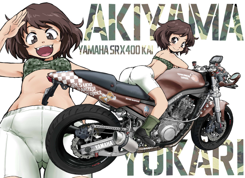 1girl :d akiyama_yukari anglerfish ass ass_visible_through_thighs background_text bangs bike_shorts boko_(girls_und_panzer) boots brown_eyes brown_hair cameltoe camouflage closed_mouth commentary_request copyright_name emblem english_text girls_und_panzer green_footwear green_sports_bra ground_vehicle hand_on_hip highres konkon leaning_forward logo looking_at_viewer looking_back messy_hair motor_vehicle motorcycle navel on_motorcycle ooarai_(emblem) open_mouth salute short_hair shorts smile sports_bra standing thigh_gap white_shorts yamaha yamaha_srx400