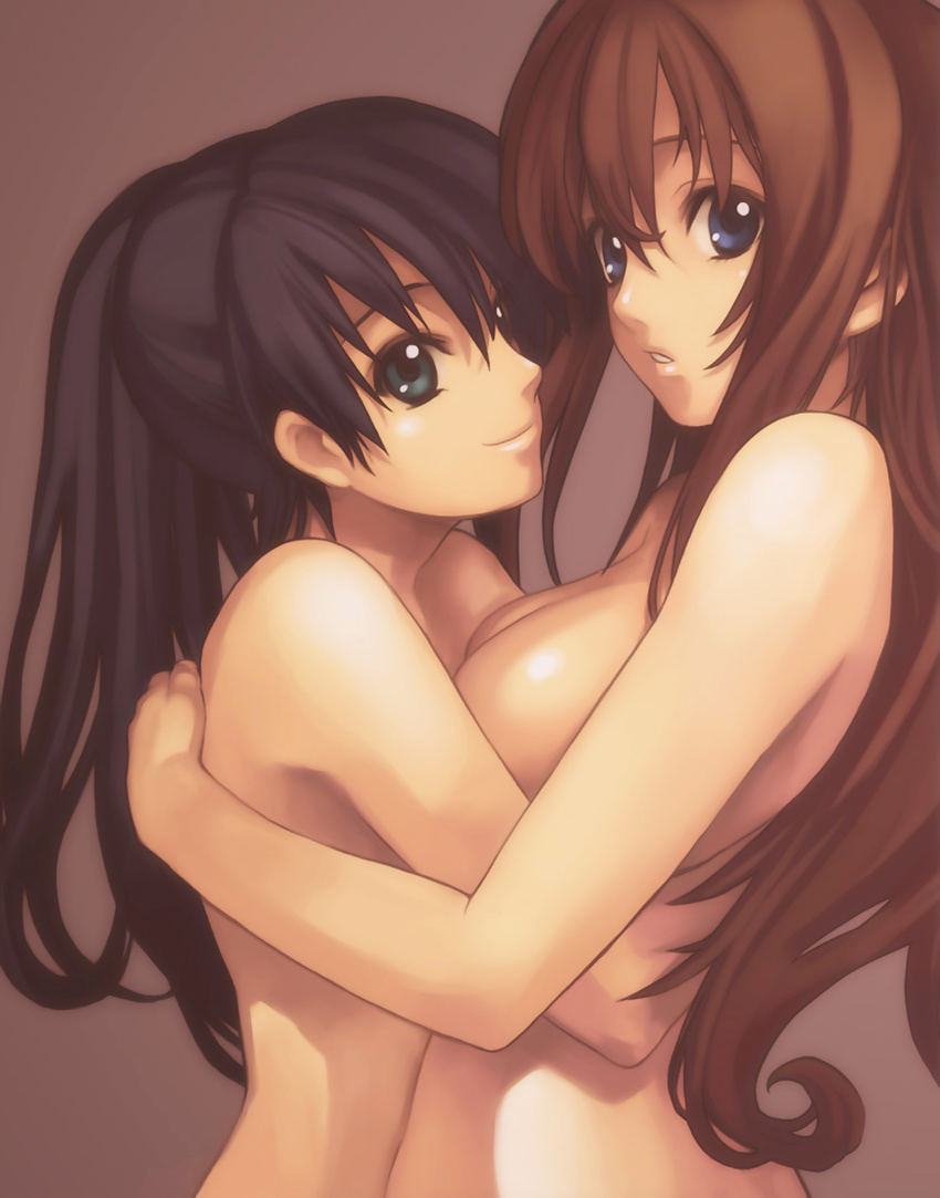 ar_tonelico ar_tonelico_i aurica_nestmile blue_eyes breasts brown_hair green_eyes highres hug large_breasts long_hair misha_arsellec_lune multiple_girls nagi_ryou nude official_art yuri