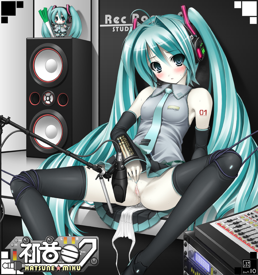 bare_shoulders bdsm blush bondage bound censored detached_sleeves green_eyes green_hair hatsune_miku headphones highres hypnotic-trance long_hair necktie pale_skin panties pussy pussy_juice side-tie_panties solo spread_legs thighhighs twintails underwear upskirt vocaloid