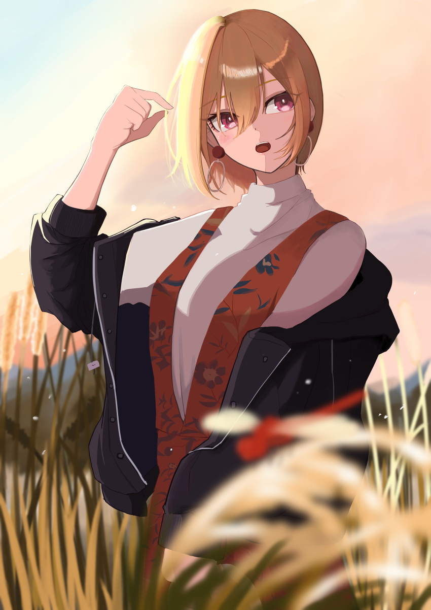 1girl :o absurdres arm_up black_jacket blonde_hair blurry blush bug depth_of_field dragonfly dress earrings eyebrows_visible_through_hair eyelashes floral_print hat highres holding holding_clothes holding_hat idolmaster idolmaster_shiny_colors insect jacket jewelry looking_away mitei_(illust_ro) mountainous_horizon off_shoulder open_clothes open_jacket outdoors red_dress ruffling_hair saijou_juri shiny shiny_hair solo sunset sweater turtleneck turtleneck_sweater wheat_field