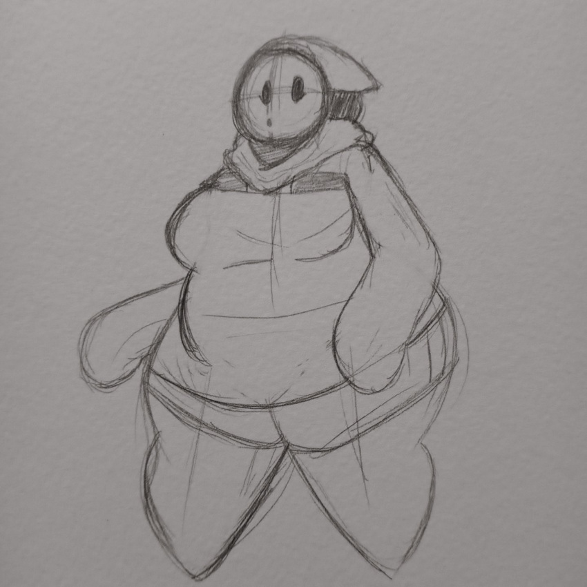 1:1 female hi_res humanoid looking_at_viewer mario_bros mask nintendo potatochip_(artist) shyguy simple_eyes sketch solo surprise surprised_expression thick_thighs video_games wide_hips