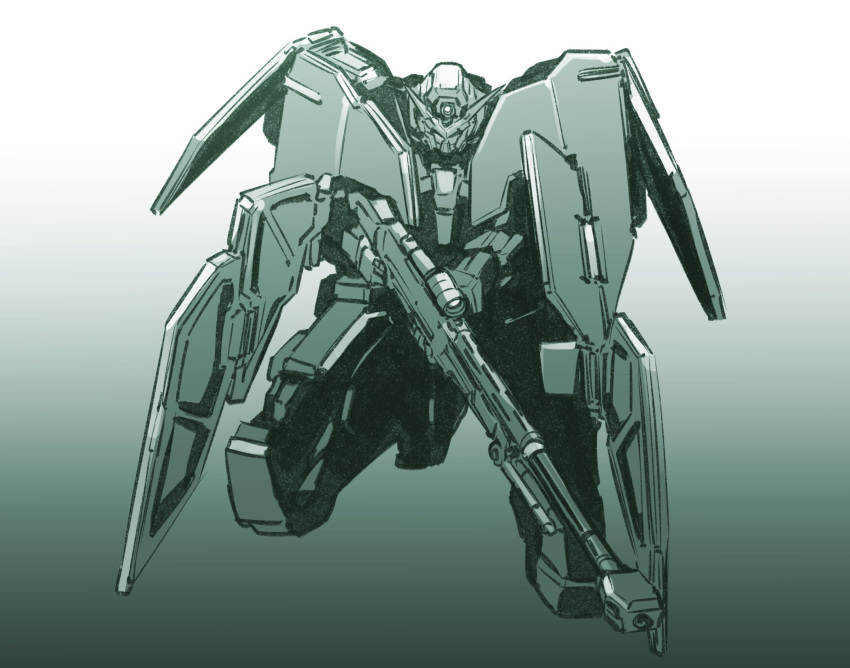 gradient gradient_background greyscale gun gundam gundam_00 gundam_dynames highres holding holding_gun holding_weapon ishiyumi mecha mobile_suit monochrome no_humans one_knee science_fiction solo v-fin weapon