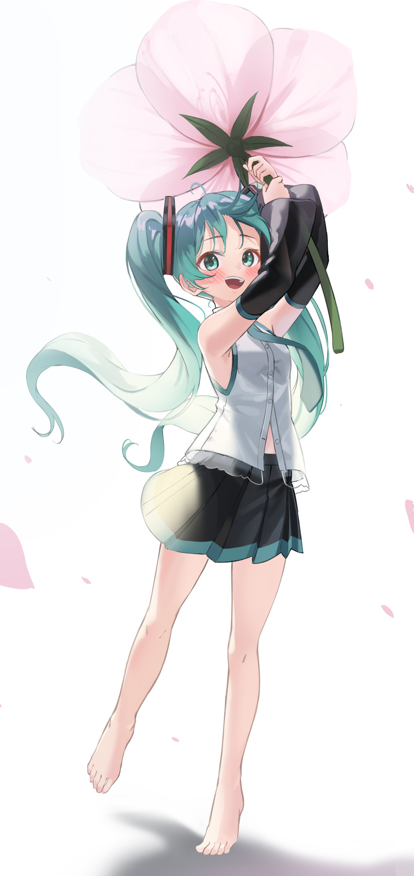 1girl :d absurdres aqua_hair arms_up bangs bare_legs barefoot black_sleeves blush breasts commentary_request detached_sleeves flower full_body hair_ornament hatsune_miku highres holding holding_flower kimyo long_hair looking_at_viewer miniskirt necktie open_mouth partially_unbuttoned pink_flower pleated_skirt shirt skirt sleeveless sleeveless_shirt small_breasts smile solo standing twintails upper_teeth very_long_hair vocaloid