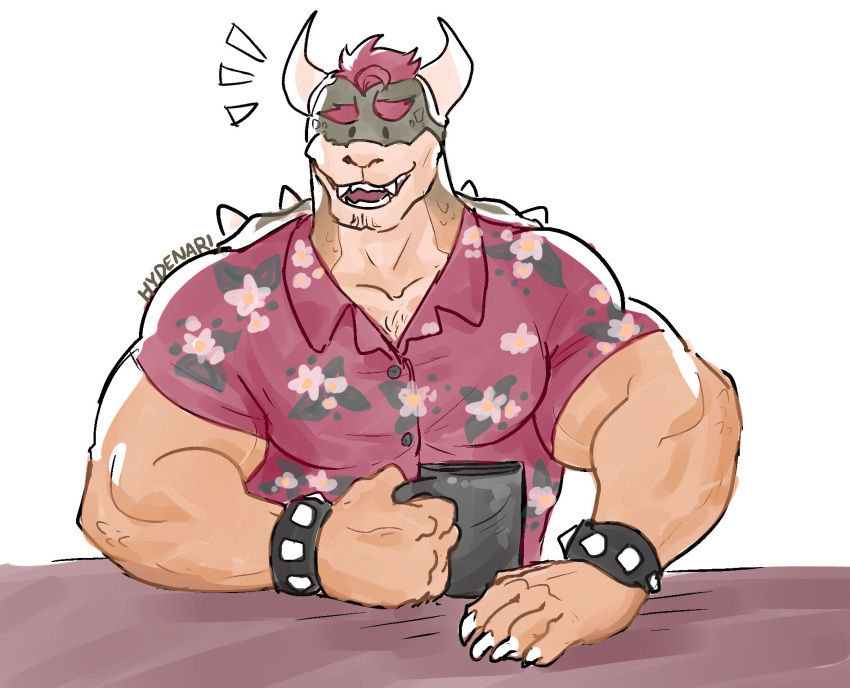 5_fingers aloha_shirt anthro body_hair bowser bracelet casual_clothing chest_hair claws clothing cup eyebrows fingers furniture hair hi_res horn hydenari jewelry koopa looking_at_viewer male mario_bros nintendo open_mouth open_smile pattern_clothing pattern_shirt pattern_topwear red_hair reptile scalie shell shirt simple_background smile smiling_at_viewer solo spiked_bracelet spiked_shell spikes spikes_(anatomy) table thick_eyebrows topwear video_games yellow_body