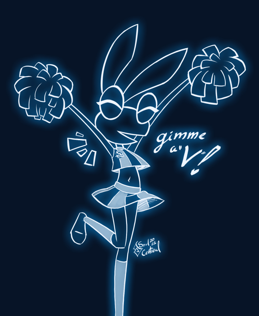 &lt;3 2021 anthro black_and_blue blue_and_white bottomwear cheering cheerleader cheerleader_outfit clothed clothing clothing_lift female hi_res lagomorph leporid mammal monochrome neon pom_poms rabbit simple_background skirt skirt_lift solo soulcentinel text vib-ribbon vibri