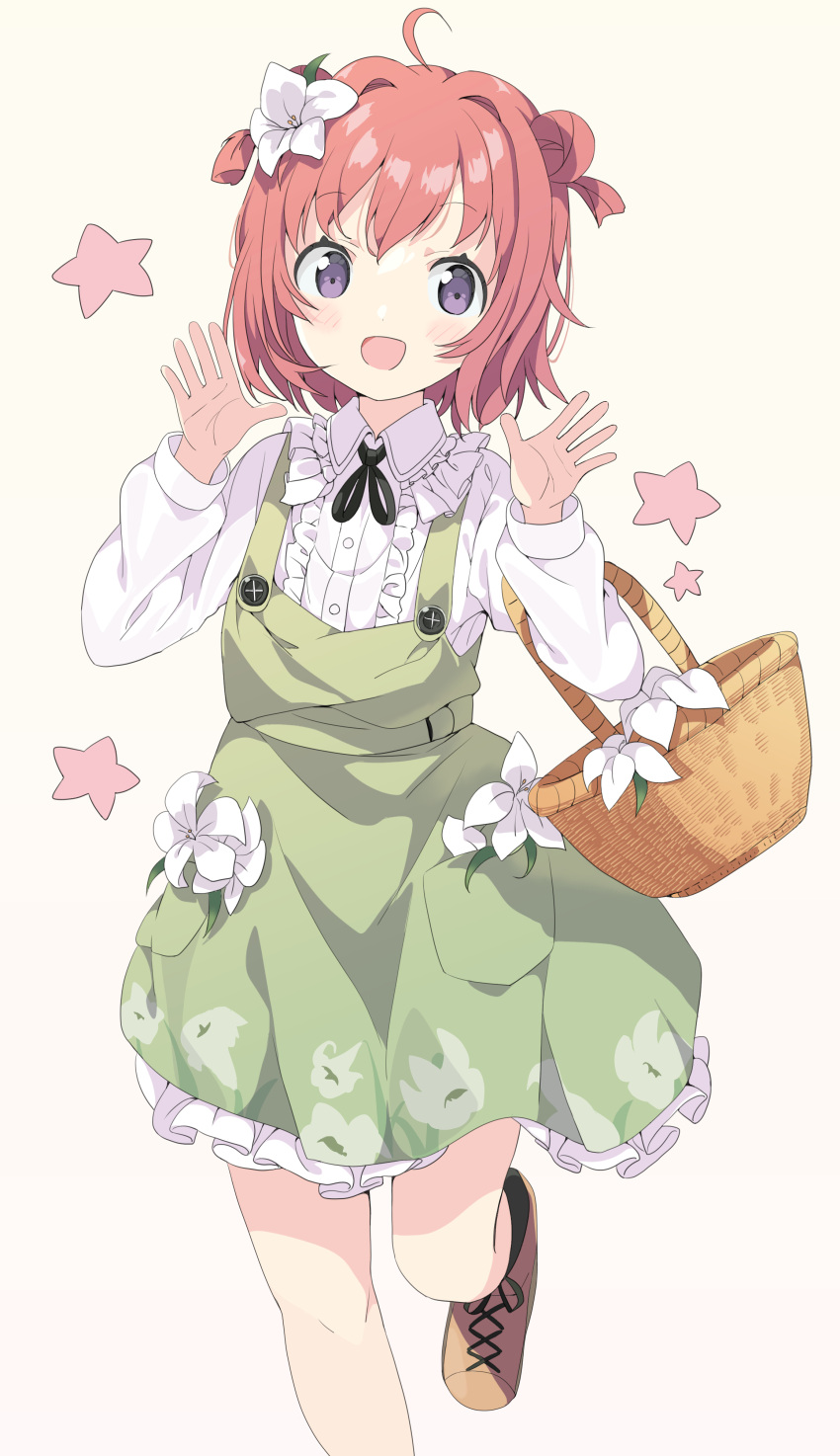 1girl :d absurdres ahoge akaza_akari bangs basket black_legwear blush brown_background brown_footwear brown_hair center_frills collared_shirt commentary_request double_bun dress eyebrows_visible_through_hair flower frilled_dress frilled_shirt frills green_dress hair_flower hair_intakes hair_ornament hands_up highres long_sleeves looking_at_viewer open_mouth purple_eyes shirt shoes sleeveless sleeveless_dress smile socks solo standing standing_on_one_leg star_(symbol) tantan_men_(dragon) two_side_up white_flower white_shirt yuru_yuri