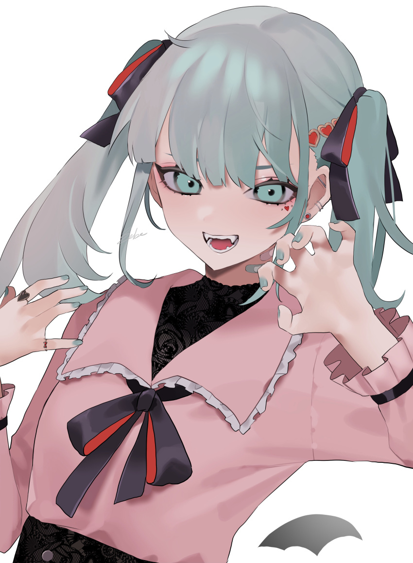 1girl absurdres aqua_nails bangs bebe_pp black_ribbon commentary_request fangs frilled_shirt frills hair_ribbon hands_up hatsune_miku heart_ring highres jewelry long_hair long_sleeves looking_at_viewer nail_polish open_mouth pink_shirt red_ribbon ribbon ring shiny shiny_hair shirt simple_background smile solo teeth twintails two-sided_fabric two-tone_ribbon upper_body vocaloid white_background