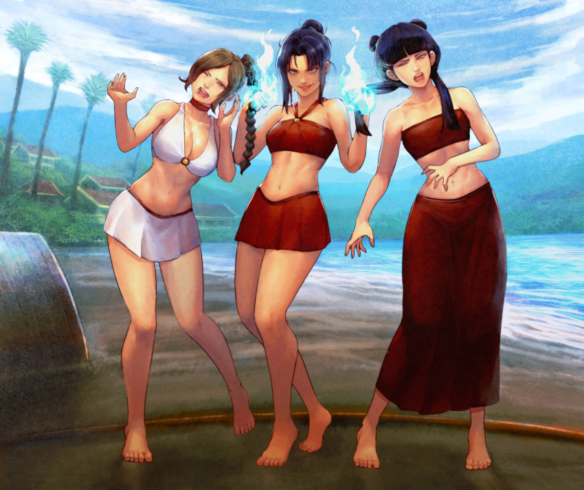 3girls abs absurdres avatar:_the_last_airbender avatar_(series) azula bags_under_eyes bandeau bare_legs bare_shoulders barefoot beach bikini bikini_skirt bikini_top black_hair blue_fire braid braided_ponytail breasts brown_hair bullying choker cirenk cleavage collarbone double_bun element_bending english_commentary evil_smile fire flaming_hand flat_chest full_body grabbing_another's_hair hair_bun halterneck highres large_breasts long_braid long_skirt looking_at_viewer mai_(avatar) medium_breasts messy_hair miniskirt mountain multiple_girls navel open_mouth palm_tree pyrokinesis red_bandeau red_choker red_skirt red_swimsuit sand shiny shiny_skin single_braid skirt smile standing stomach strapless swimsuit toes toned tree tubetop twintails ty_lee water white_bikini white_skirt yellow_eyes