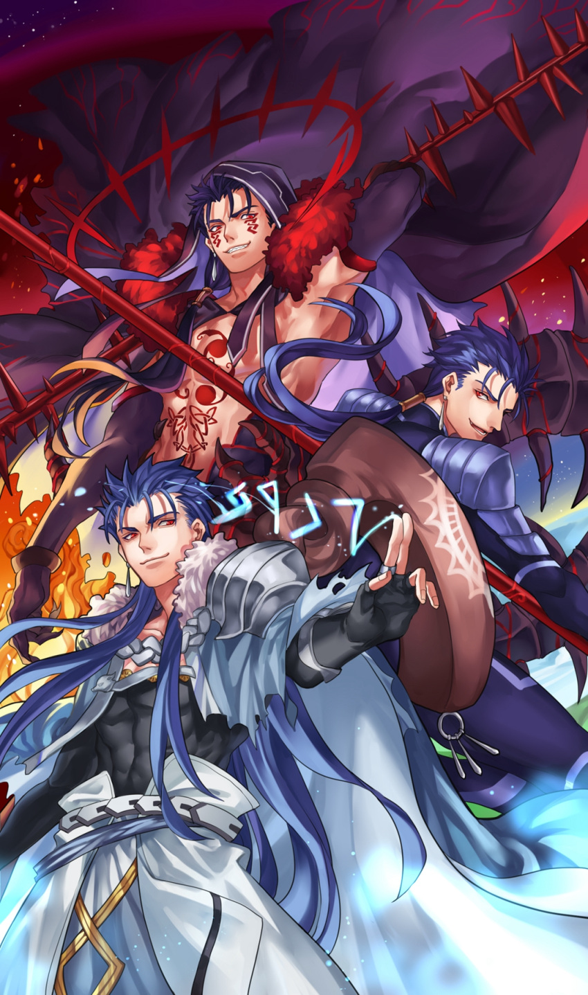 3boys arm_up armor beads belt black_gloves blue_bodysuit blue_hair bodypaint bodysuit cape casting_spell claws closed_mouth cu_chulainn_(fate)_(all) cu_chulainn_(fate/grand_order) cu_chulainn_alter_(fate/grand_order) dark_blue_hair dark_persona earrings elbow_gloves facepaint fate/grand_order fate/stay_night fate_(series) floating_hair fur-trimmed_cape fur-trimmed_hood fur_trim gae_bolg_(fate) gloves grin hair_beads hair_ornament highres holding holding_polearm holding_weapon hood hood_down hood_up jewelry kuzen lancer long_hair male_focus multiple_boys muscular muscular_male open_mouth pauldrons polearm ponytail red_eyes runes shirtless shoulder_armor skin_tight slit_pupils smile spiked_hair spikes staff tail vambraces weapon wooden_staff