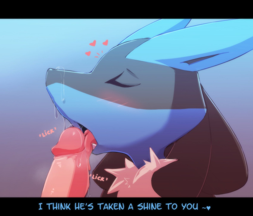 &lt;3 anthro blush blush_lines bodily_fluids chest_tuft english_text erection genital_fluids genitals hi_res human human_on_anthro interspecies licking lucario lucariolover448 male male/male mammal nintendo oral penile penis penis_lick pok&eacute;mon pok&eacute;mon_(species) precum sex solo tagme text tongue tongue_out tuft video_games