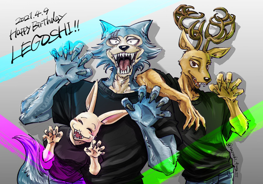 2021 anthro antlers arm_on_shoulder beastars birthday bottomwear canid canine canis cervid claws clothed clothing dated denim denim_clothing english_text eyes_closed female grey_background haru_(beastars) hi_res horn jeans lagomorph legoshi_(beastars) leporid looking_at_viewer louis_(beastars) male mammal open_mouth open_smile pants rabbit scar sharp_claws sharp_teeth shirt simple_background smile standing teeth text topwear trio url wolf yuzuki_fang111