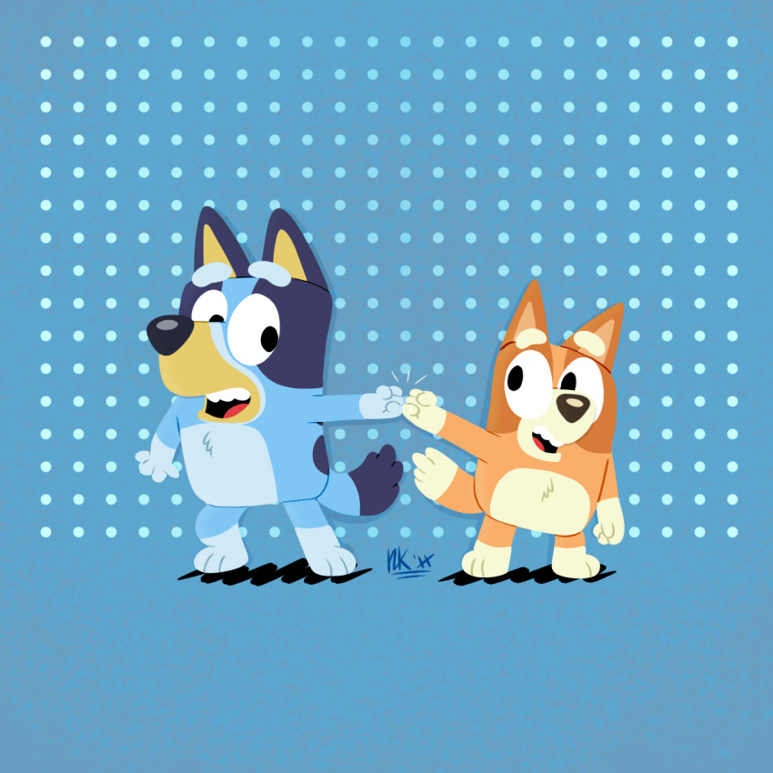 1:1 2020 anthro australian_cattle_dog bingo_(bluey) blue_background blue_body blue_fur bluey_(bluey) bluey_(show) canid canine canis cattledog detailed_background dipstick_tail domestic_dog dotted_background duo eye_contact female fist_bump fur gesture happy herding_dog hi_res inklingbear_(artist) looking_at_another mammal multicolored_body multicolored_fur multicolored_tail open_mouth orange_body orange_fur pastoral_dog pattern_background paws sibling signature simple_background sister sisters white_body white_fur