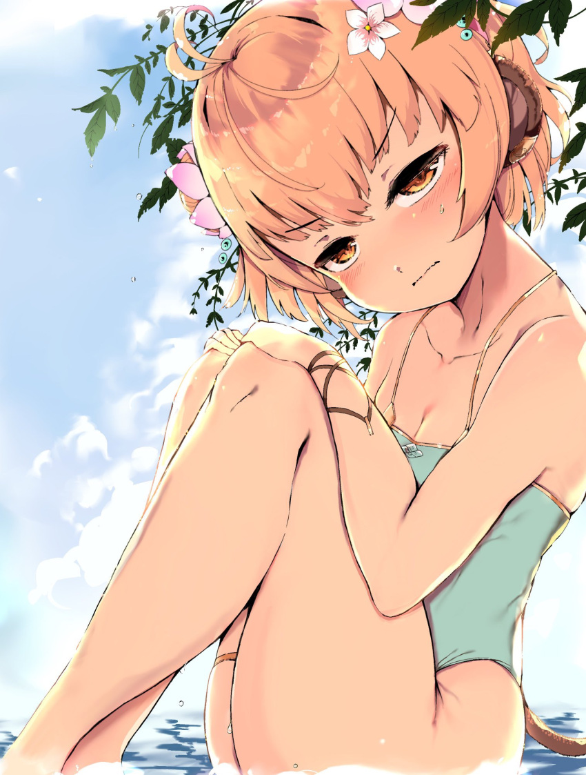 1girl andira_(granblue_fantasy) animal_ears bangs bare_arms bare_legs bare_shoulders barefoot blue_swimsuit blush breasts brown_eyes brown_hair casual_one-piece_swimsuit cleavage closed_mouth collarbone commentary_request double_bun eyebrows_visible_through_hair feet_out_of_frame flower granblue_fantasy hair_flower hair_ornament hands_on_own_knees hands_up head_tilt highres knees_up looking_at_viewer monkey_ears monkey_girl monkey_tail one-piece_swimsuit pink_flower sitting small_breasts solo swimsuit tail venomrobo wavy_mouth white_flower