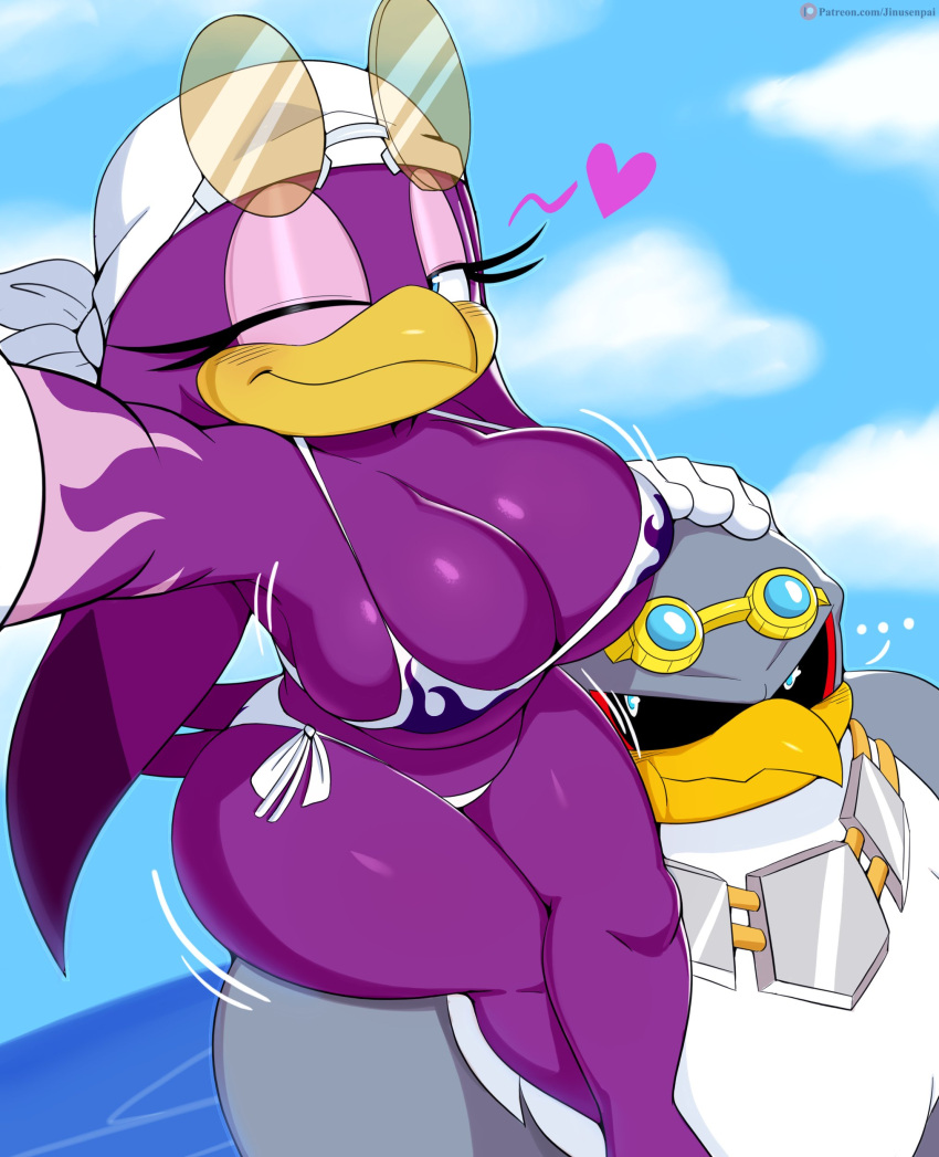 &lt;3 ... 2021 absurd_res albatross anthro avian big_breasts bikini bird blue_eyes breasts clothing duo eyewear_on_head feathers female hi_res hirundinid huge_breasts jinu looking_at_viewer male one_eye_closed oscine passerine procellariiform purple_body purple_feathers sonic_riders sonic_the_hedgehog_(series) storm_the_albatross swallow_(bird) swimwear wave_the_swallow wink